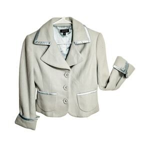 Bebe Jacket Womens Size XS Blue Wool Angora Cropped Blazer Tailored Satin Trim